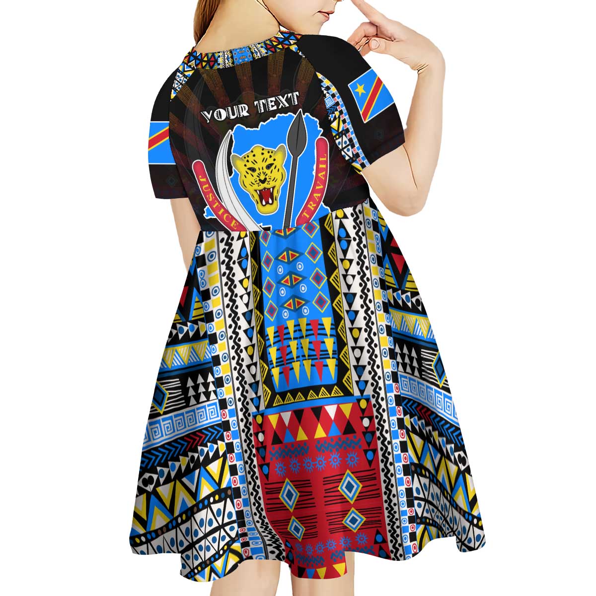 Personalized DR Congo Roots Kid Short Sleeve Dress African Map in Fingerprint and Tribal Colors