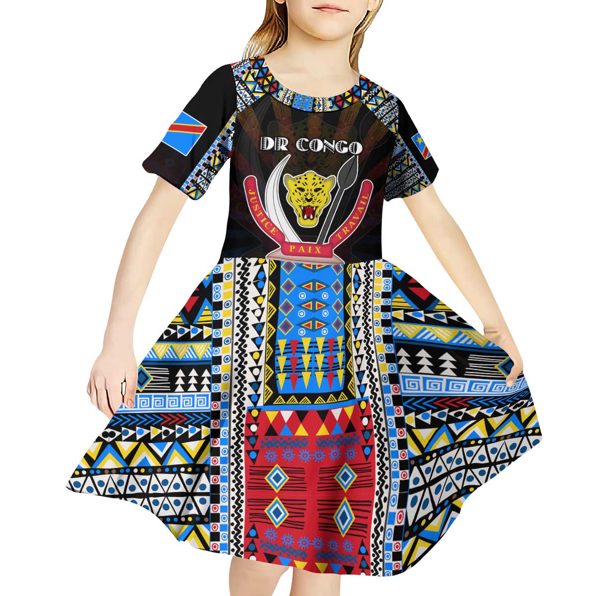 Personalized DR Congo Roots Kid Short Sleeve Dress African Map in Fingerprint and Tribal Colors