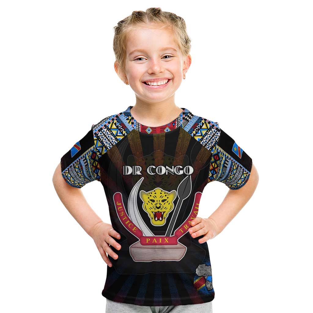 Personalized DR Congo Roots Kid T Shirt African Map in Fingerprint and Tribal Colors