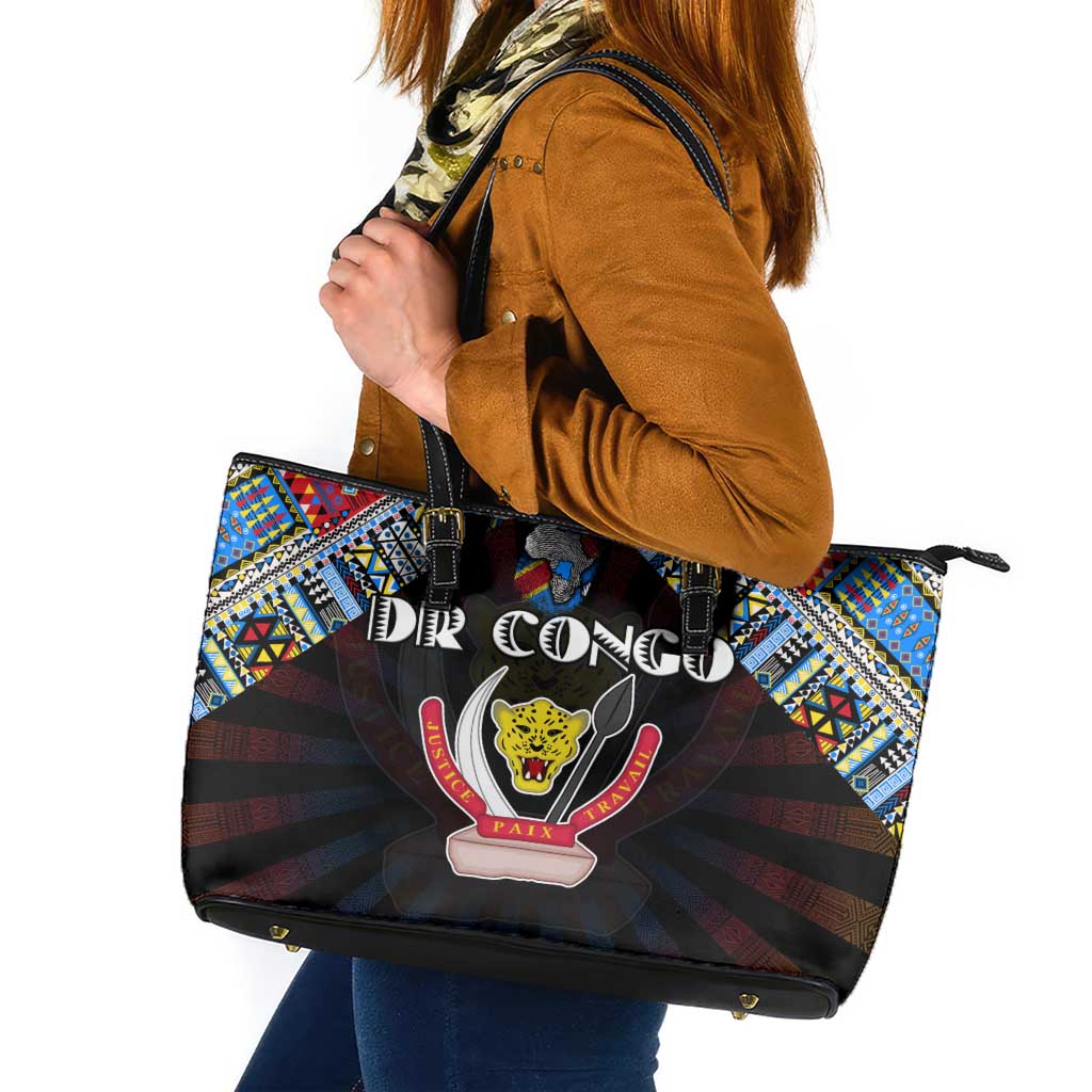 DR Congo Roots Leather Tote Bag African Map in Fingerprint and Tribal Colors