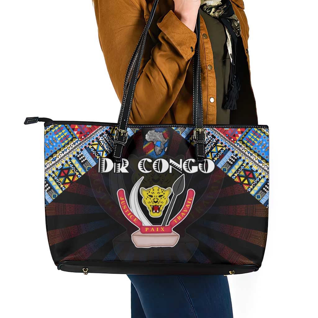 DR Congo Roots Leather Tote Bag African Map in Fingerprint and Tribal Colors