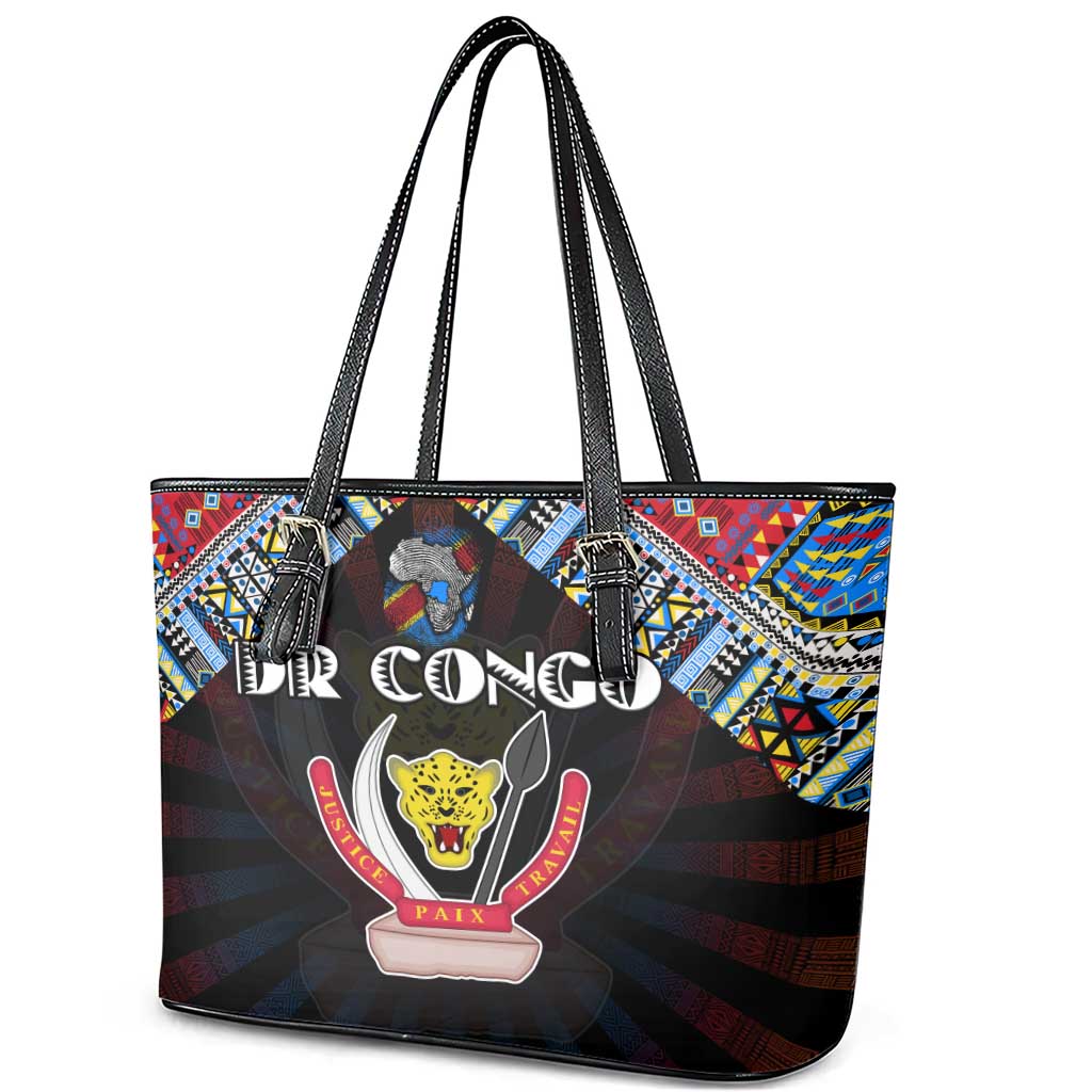 DR Congo Roots Leather Tote Bag African Map in Fingerprint and Tribal Colors