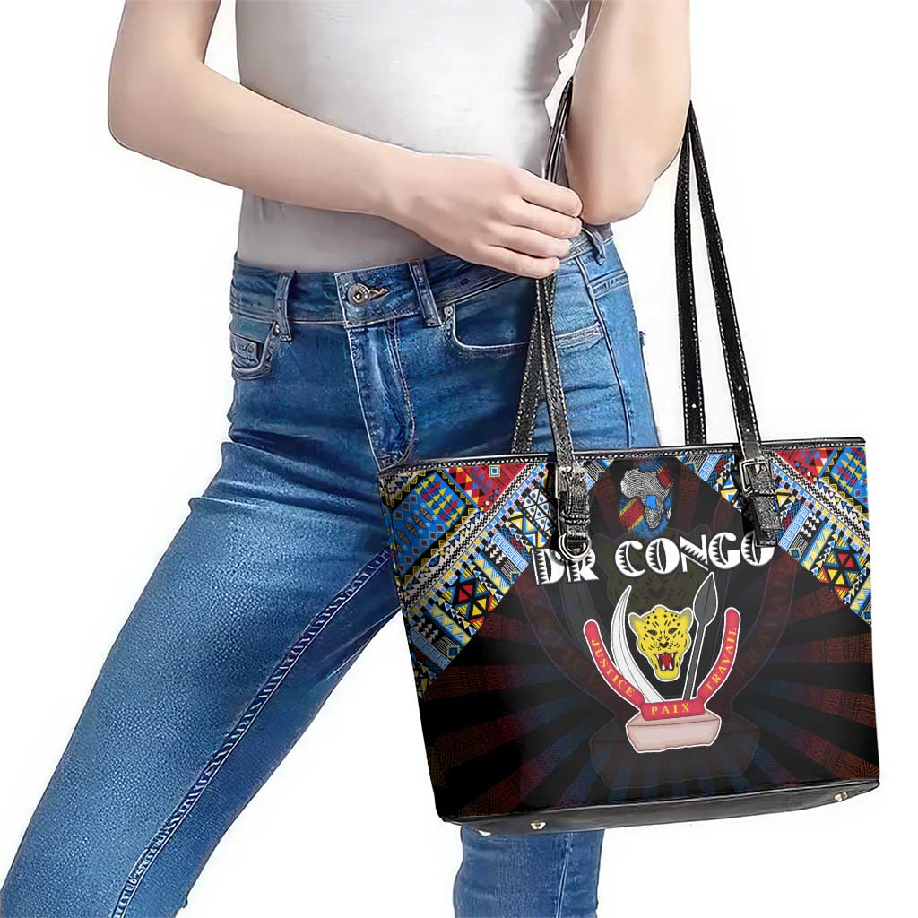 DR Congo Roots Leather Tote Bag African Map in Fingerprint and Tribal Colors
