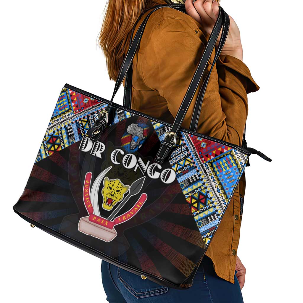 DR Congo Roots Leather Tote Bag African Map in Fingerprint and Tribal Colors