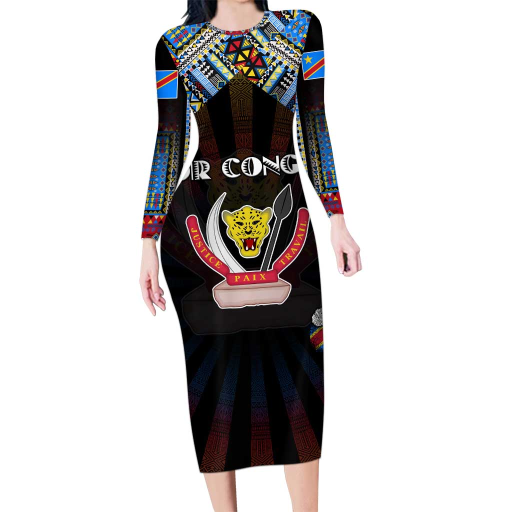 Personalized DR Congo Roots Long Sleeve Bodycon Dress African Map in Fingerprint and Tribal Colors