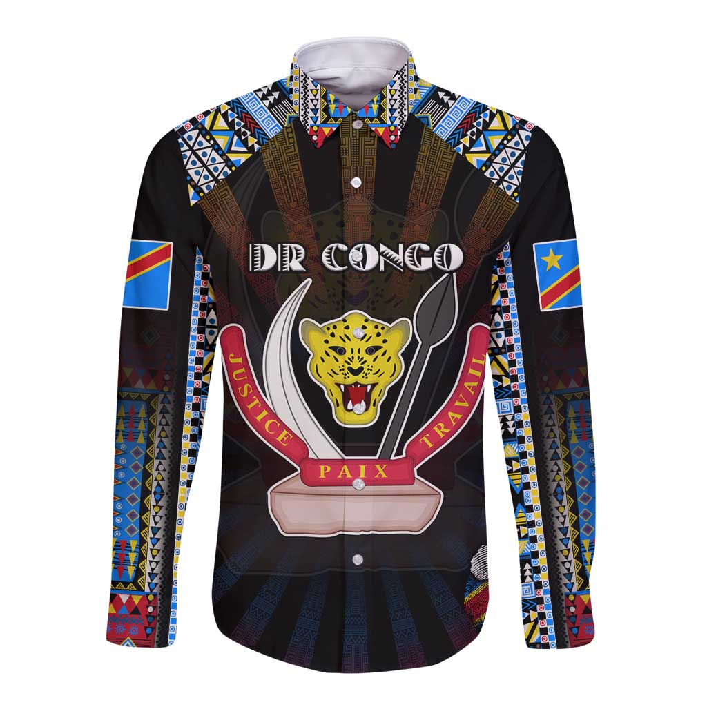 Personalized DR Congo Roots Long Sleeve Button Shirt African Map in Fingerprint and Tribal Colors