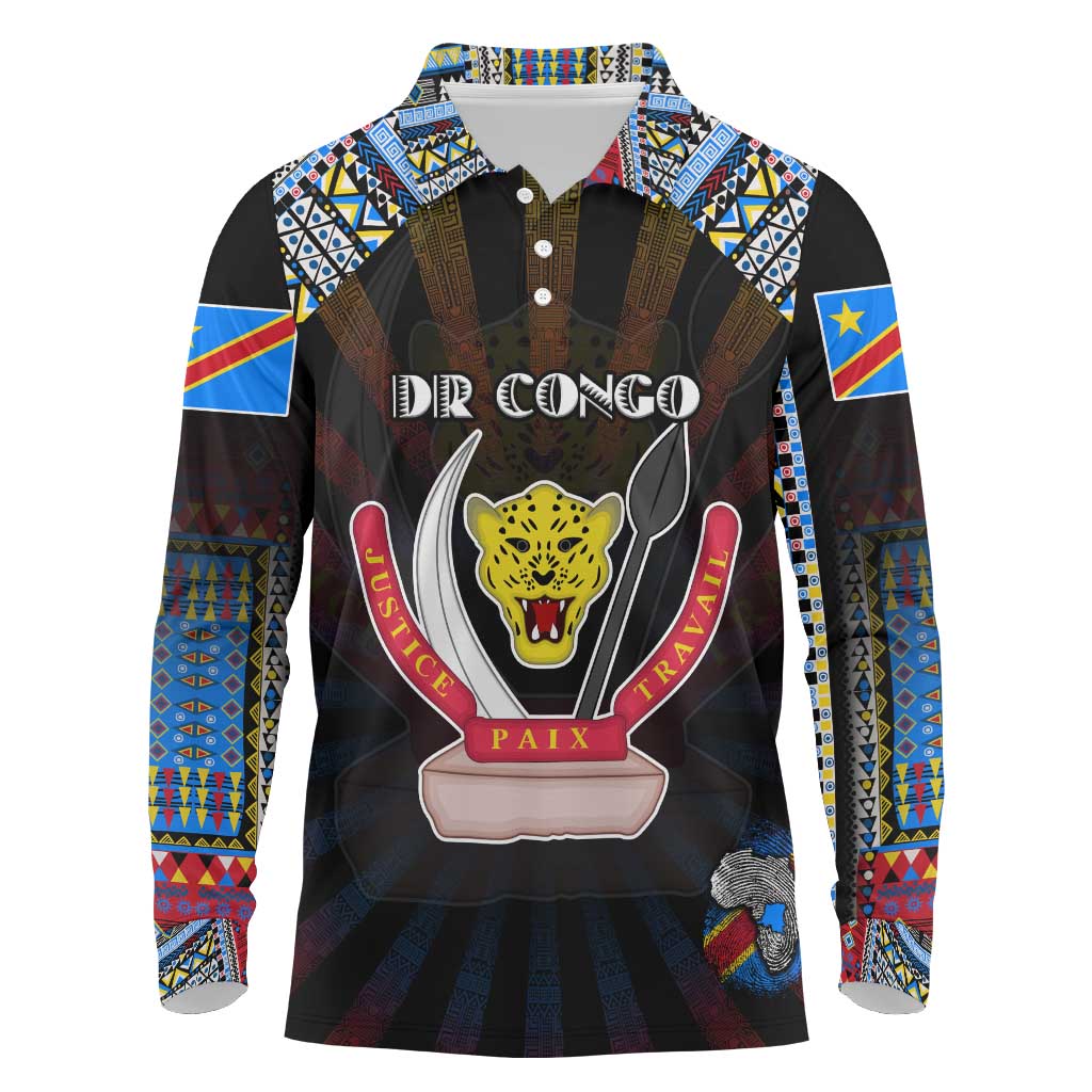 Personalized DR Congo Roots Long Sleeve Polo Shirt African Map in Fingerprint and Tribal Colors