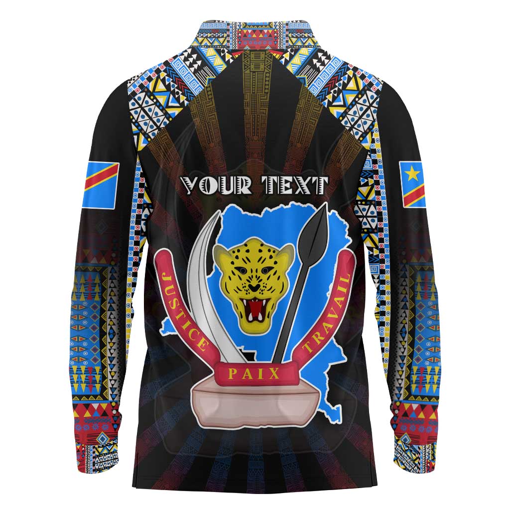 Personalized DR Congo Roots Long Sleeve Polo Shirt African Map in Fingerprint and Tribal Colors