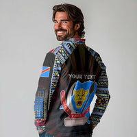 Personalized DR Congo Roots Long Sleeve Polo Shirt African Map in Fingerprint and Tribal Colors