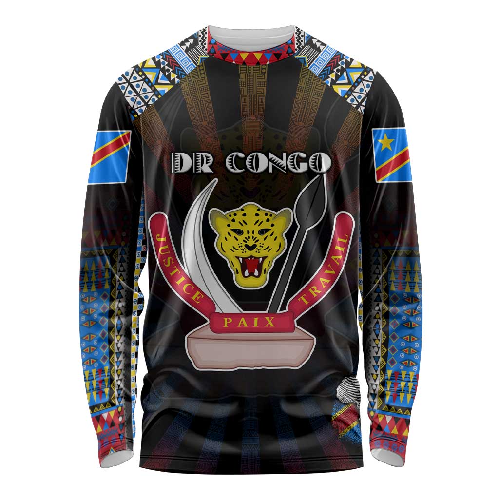 Personalized DR Congo Roots Long Sleeve Shirt African Map in Fingerprint and Tribal Colors