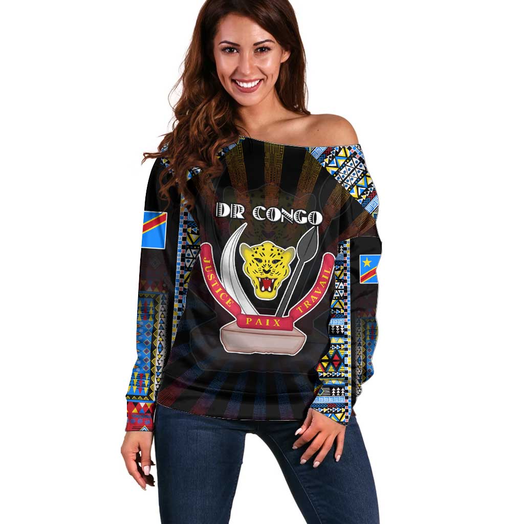 Personalized DR Congo Roots Off Shoulder Sweater African Map in Fingerprint and Tribal Colors