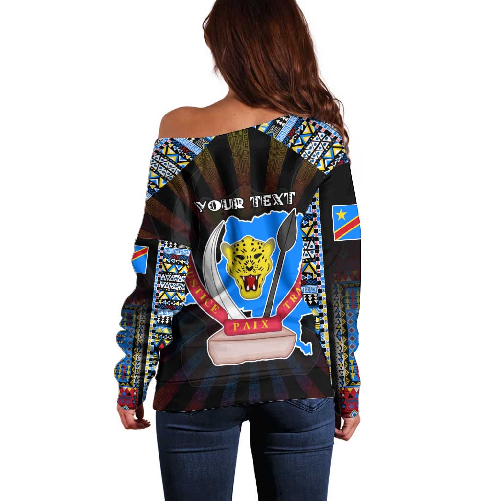 Personalized DR Congo Roots Off Shoulder Sweater African Map in Fingerprint and Tribal Colors