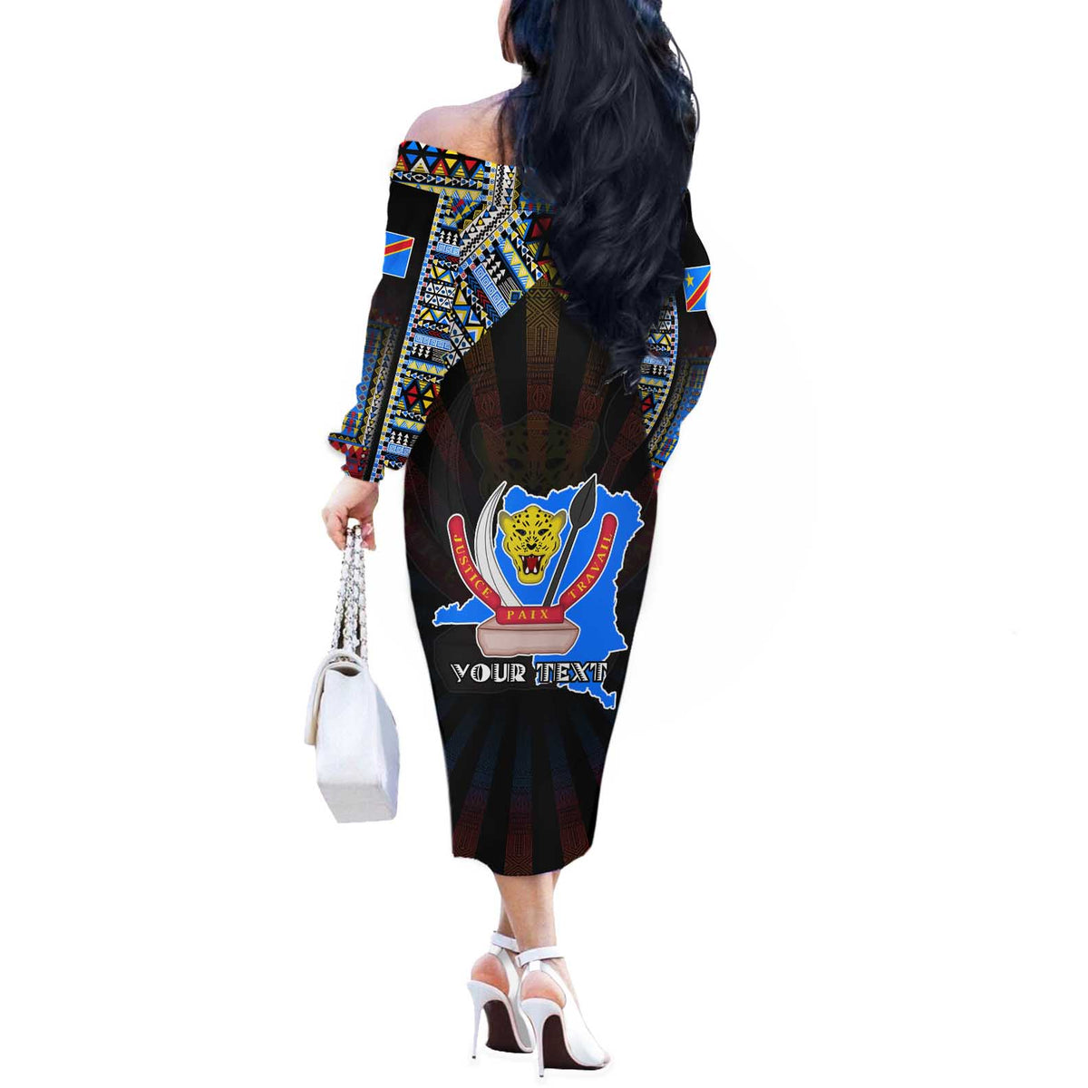 Personalized DR Congo Roots Off The Shoulder Long Sleeve Dress African Map in Fingerprint and Tribal Colors