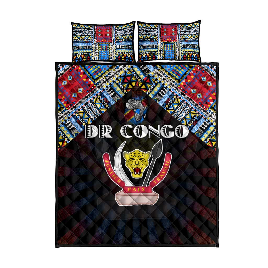 DR Congo Roots Quilt Bed Set African Map in Fingerprint and Tribal Colors