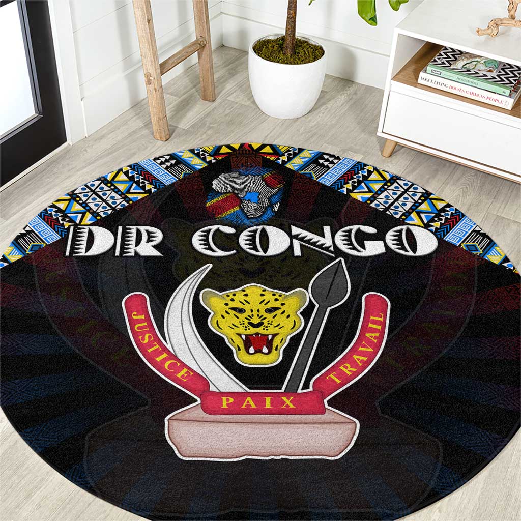 DR Congo Roots Round Carpet African Map in Fingerprint and Tribal Colors
