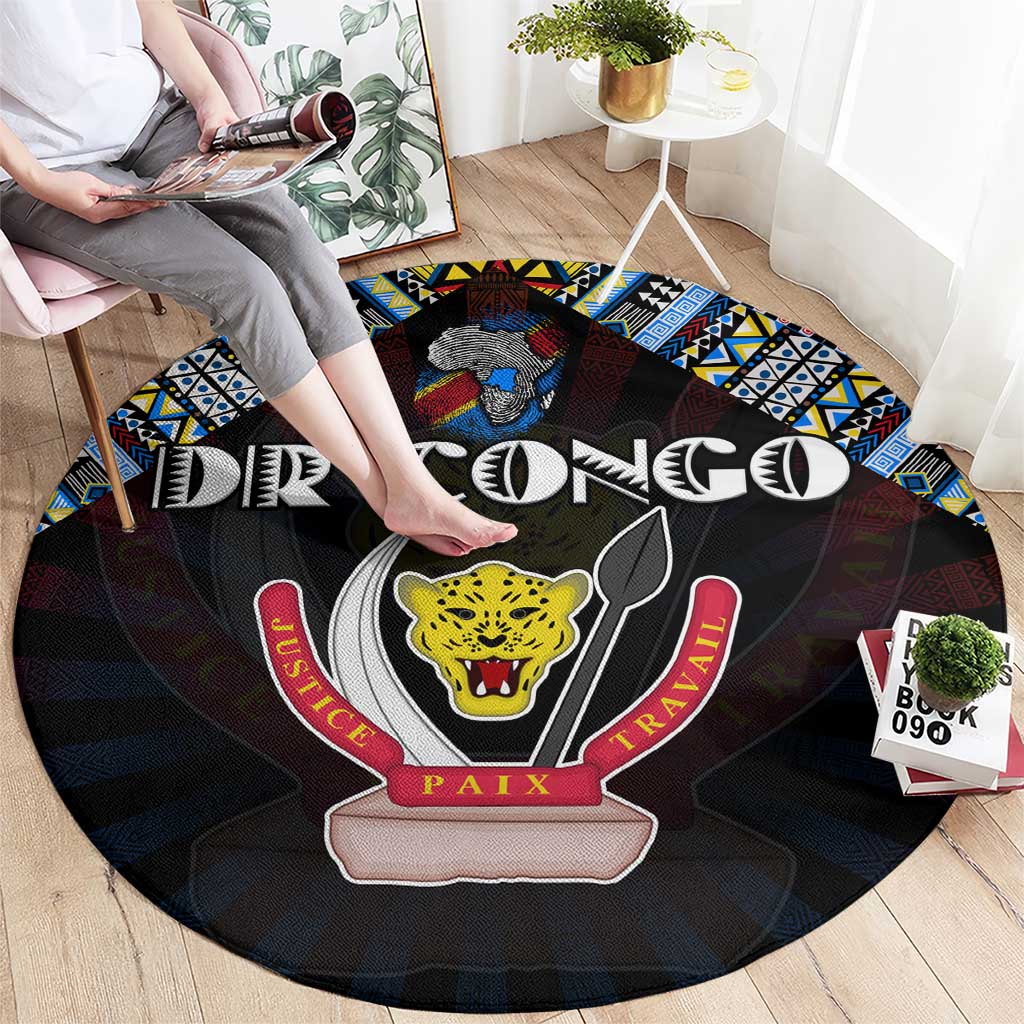 DR Congo Roots Round Carpet African Map in Fingerprint and Tribal Colors