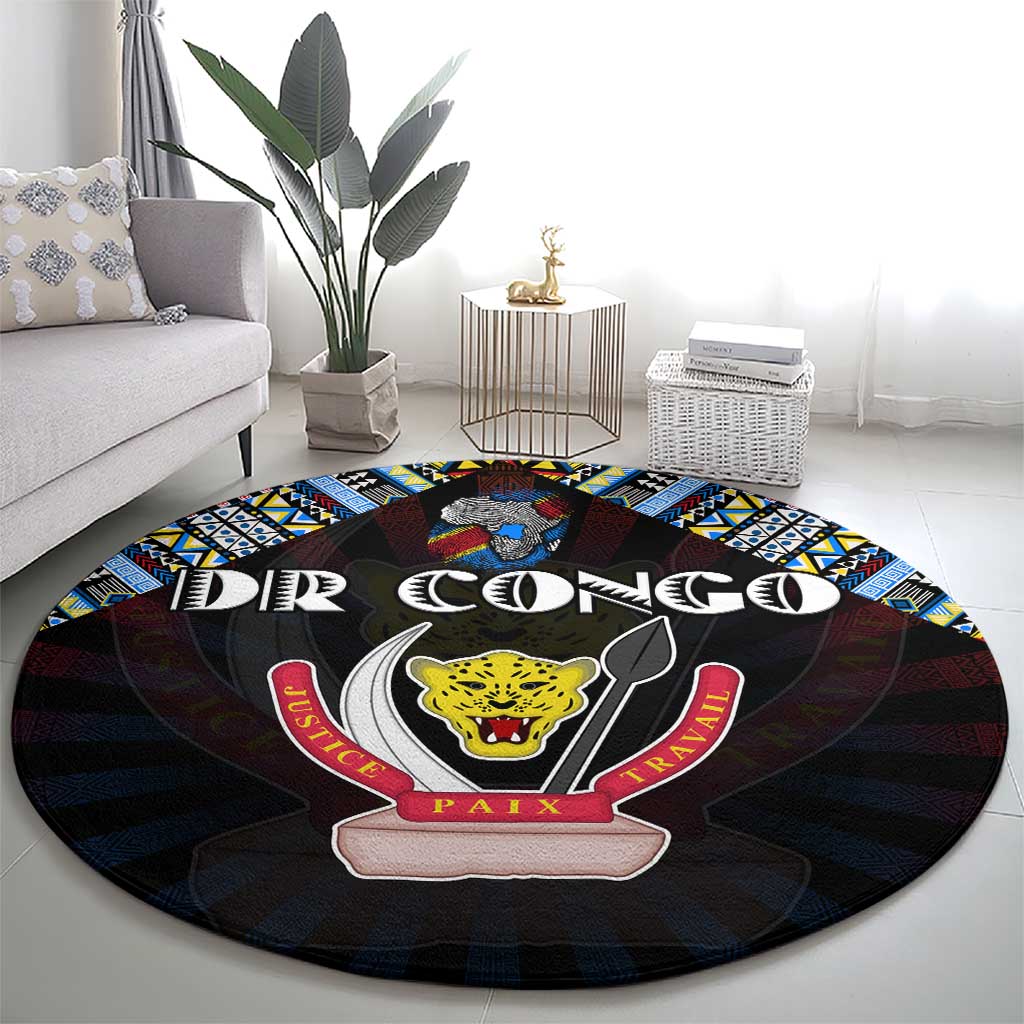 DR Congo Roots Round Carpet African Map in Fingerprint and Tribal Colors
