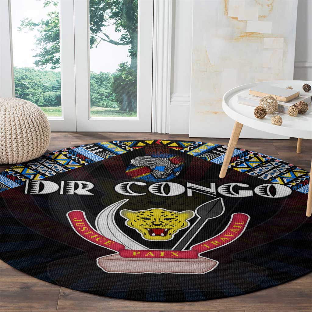 DR Congo Roots Round Carpet African Map in Fingerprint and Tribal Colors