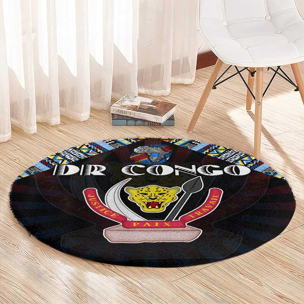 DR Congo Roots Round Carpet African Map in Fingerprint and Tribal Colors