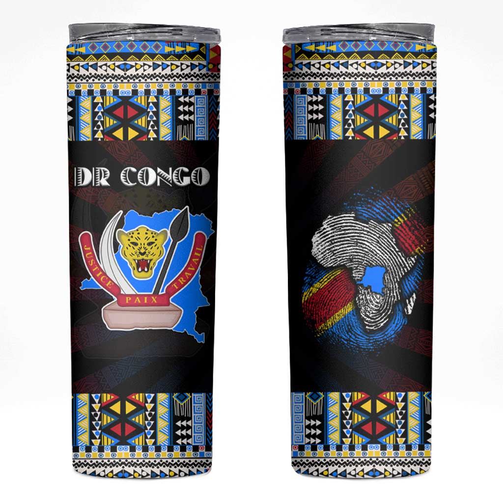 DR Congo Roots Skinny Tumbler African Map in Fingerprint and Tribal Colors