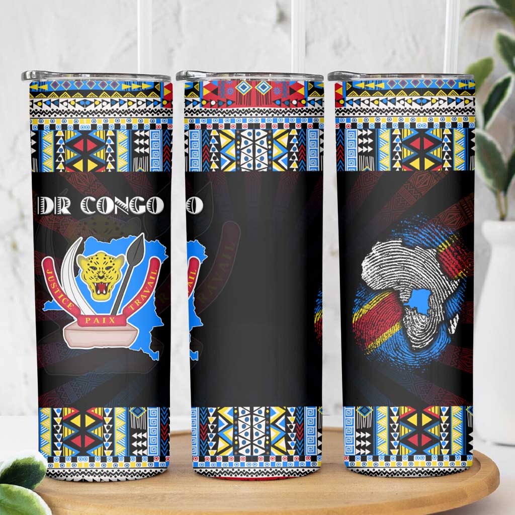 DR Congo Roots Skinny Tumbler African Map in Fingerprint and Tribal Colors