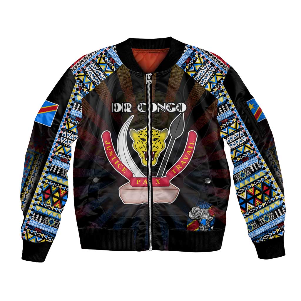 Personalized DR Congo Roots Sleeve Zip Bomber Jacket African Map in Fingerprint and Tribal Colors