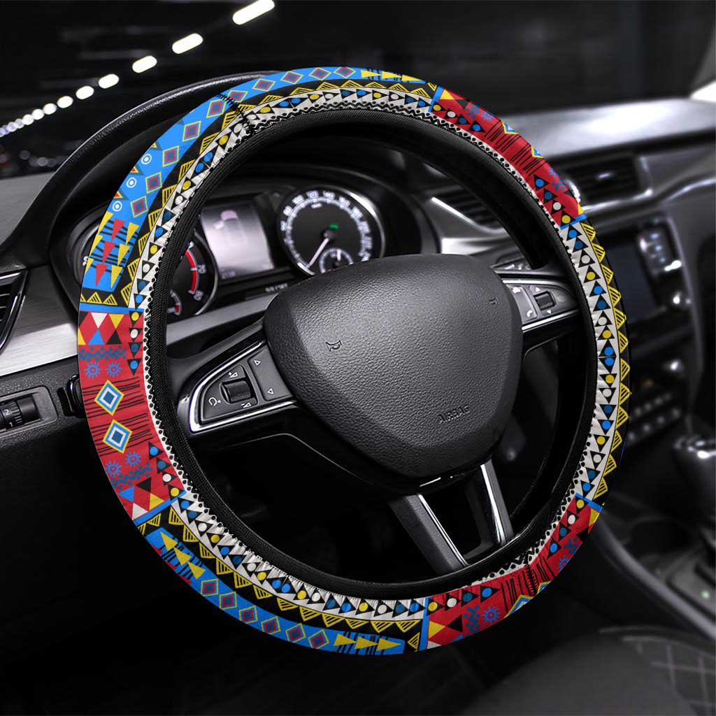 DR Congo Roots Steering Wheel Cover African Map in Fingerprint and Tribal Colors