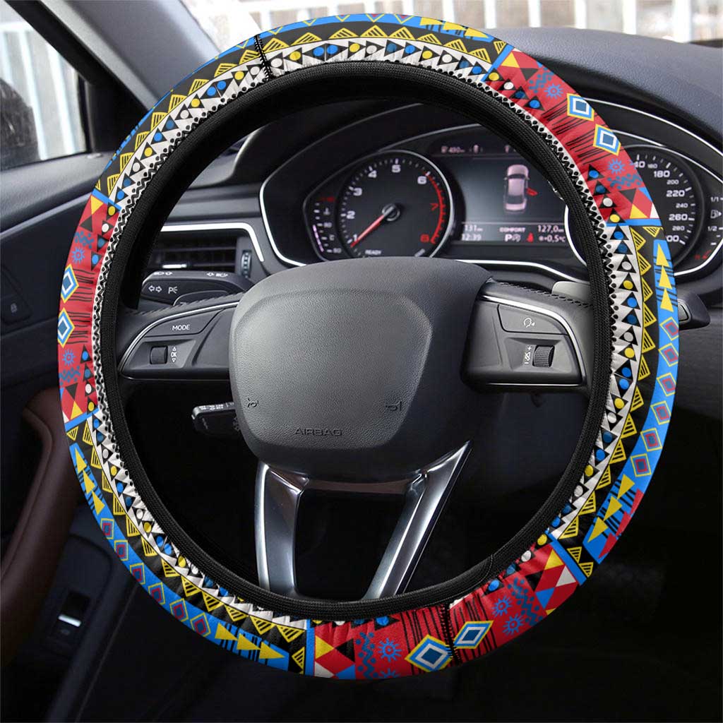 DR Congo Roots Steering Wheel Cover African Map in Fingerprint and Tribal Colors