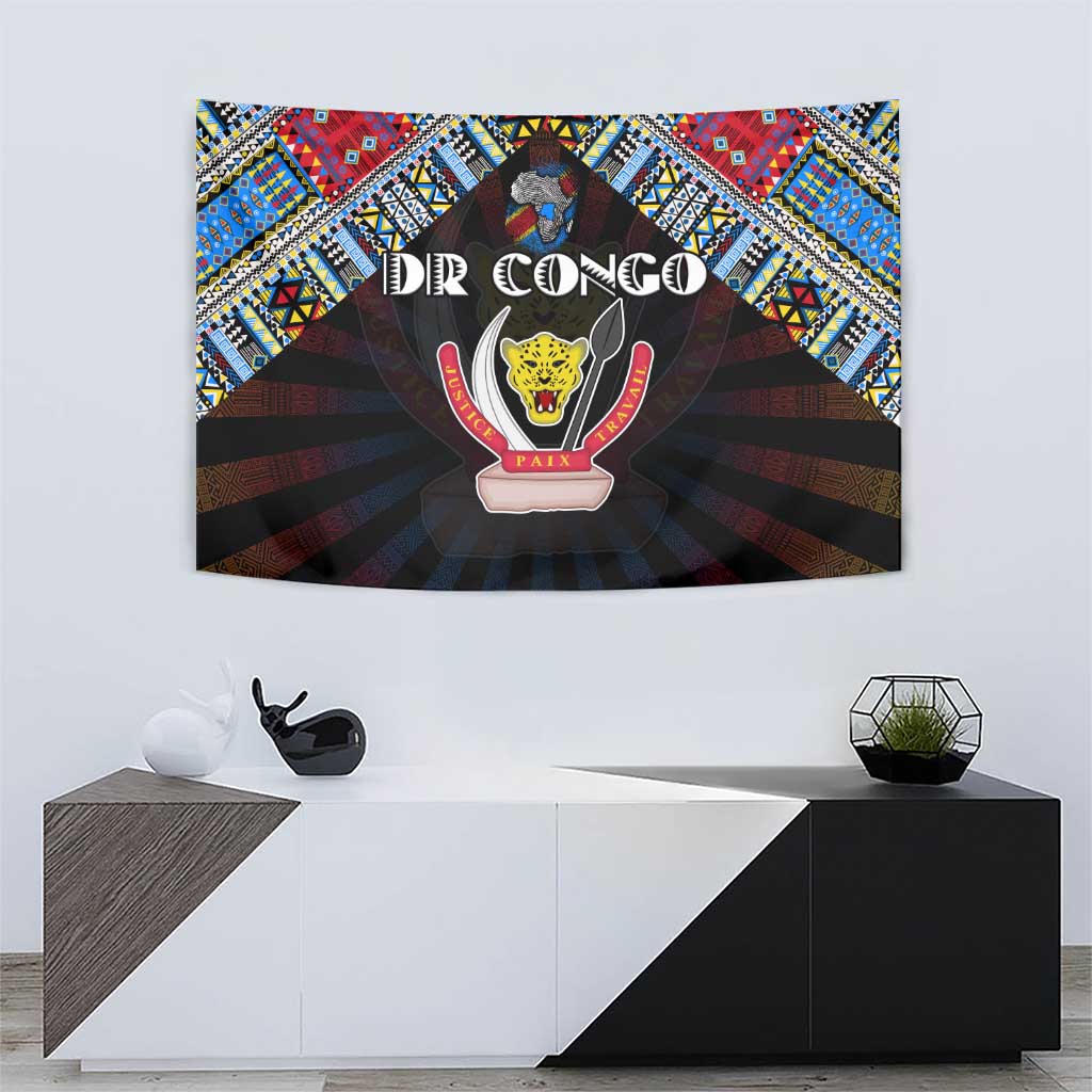 DR Congo Roots Tapestry African Map in Fingerprint and Tribal Colors