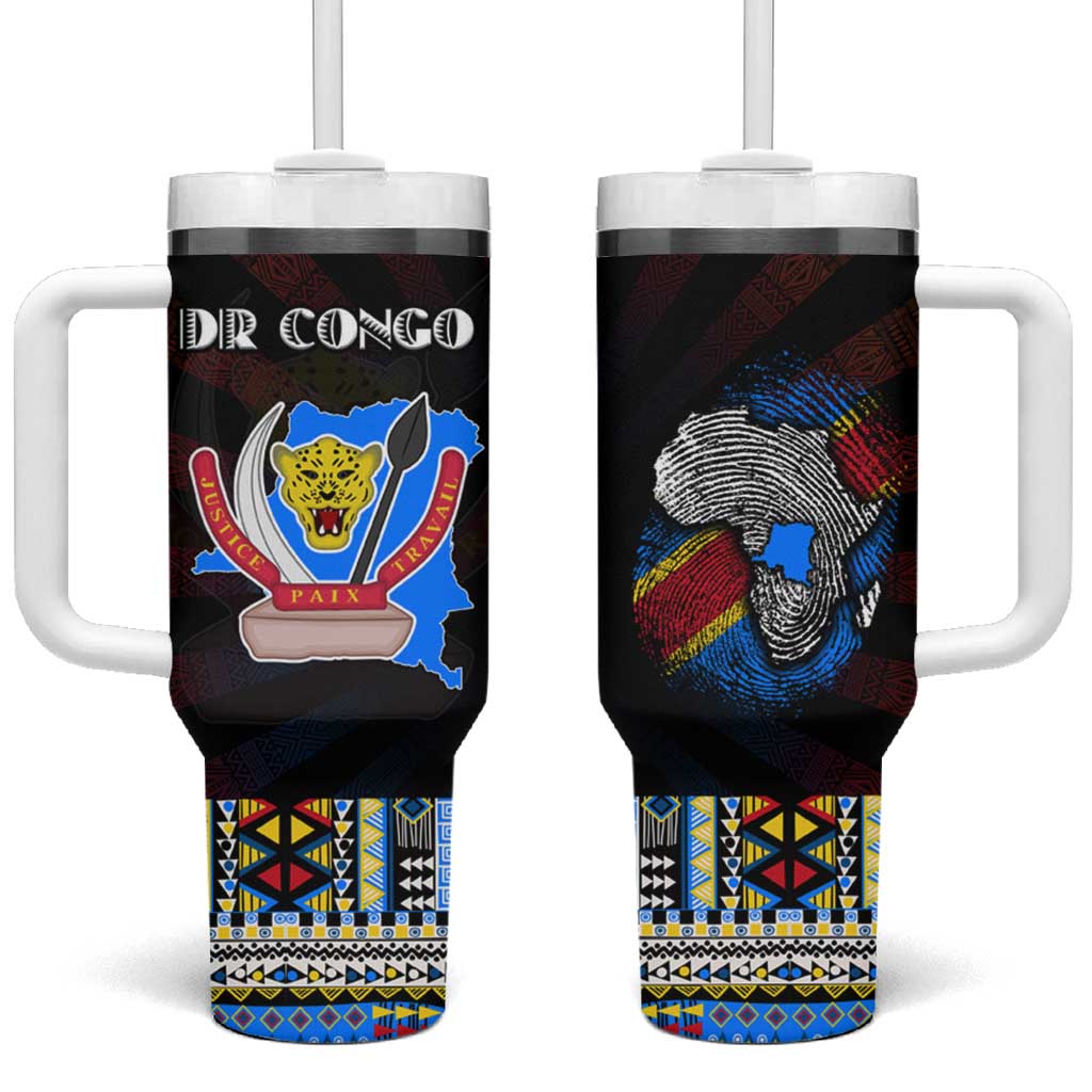 DR Congo Roots Tumbler With Handle African Map in Fingerprint and Tribal Colors