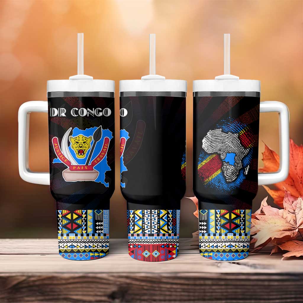 DR Congo Roots Tumbler With Handle African Map in Fingerprint and Tribal Colors