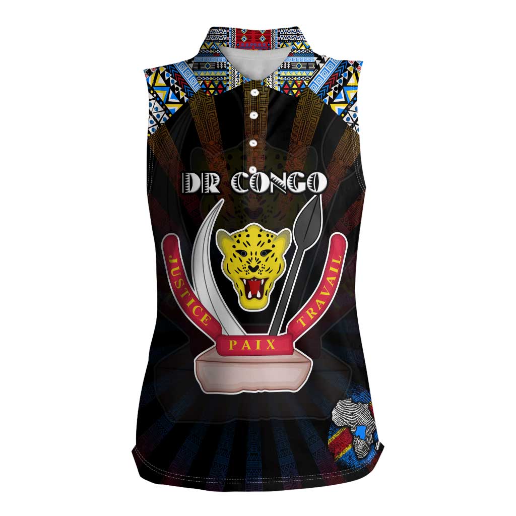 Personalized DR Congo Roots Women Sleeveless Polo Shirt African Map in Fingerprint and Tribal Colors