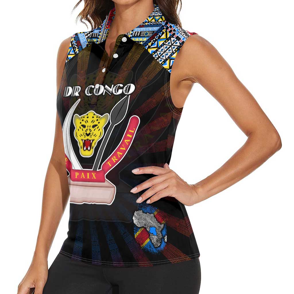 Personalized DR Congo Roots Women Sleeveless Polo Shirt African Map in Fingerprint and Tribal Colors