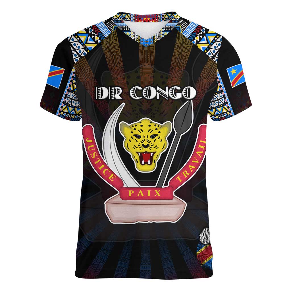 Personalized DR Congo Roots Women V-Neck T-Shirt African Map in Fingerprint and Tribal Colors