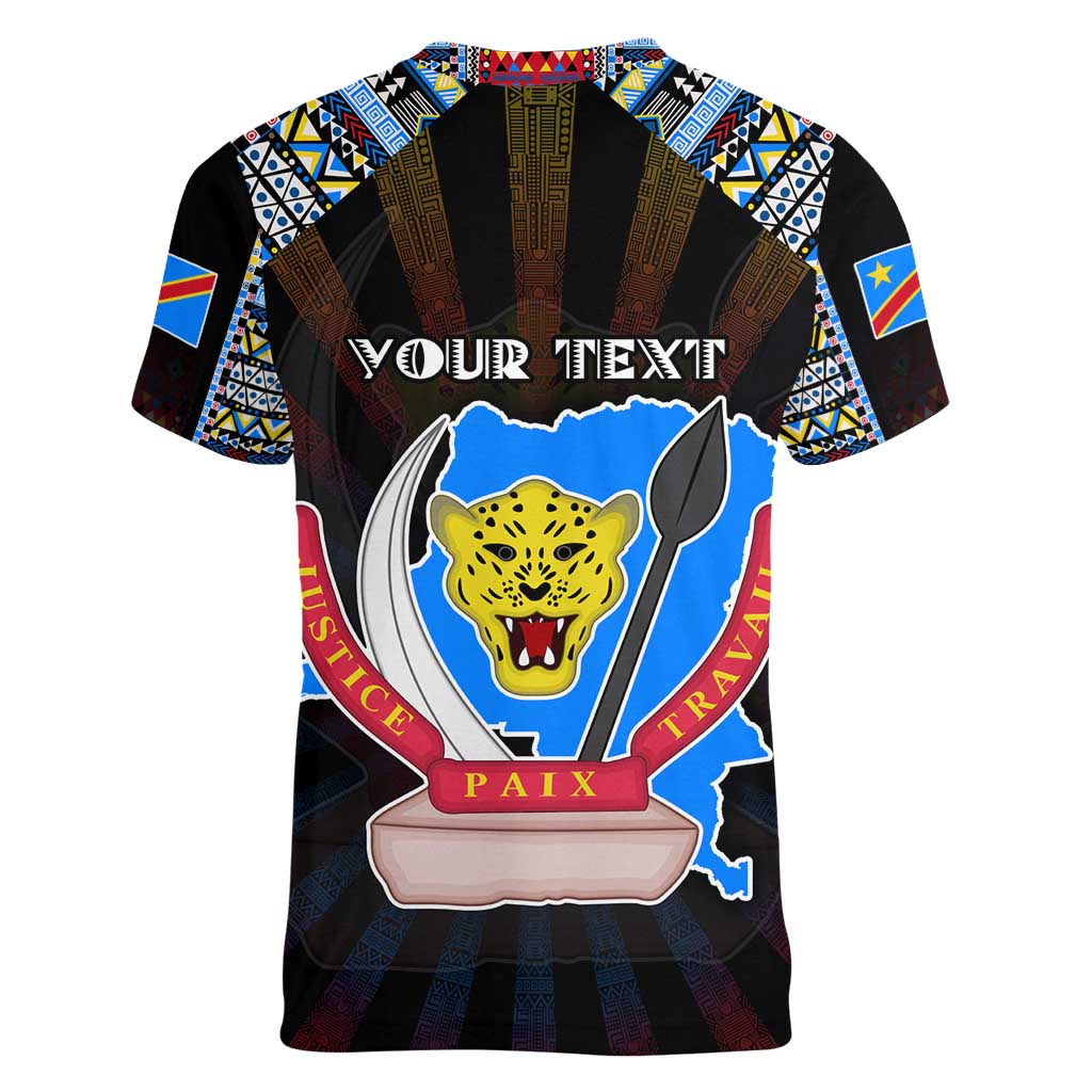 Personalized DR Congo Roots Women V-Neck T-Shirt African Map in Fingerprint and Tribal Colors