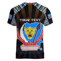 Personalized DR Congo Roots Women V-Neck T-Shirt African Map in Fingerprint and Tribal Colors