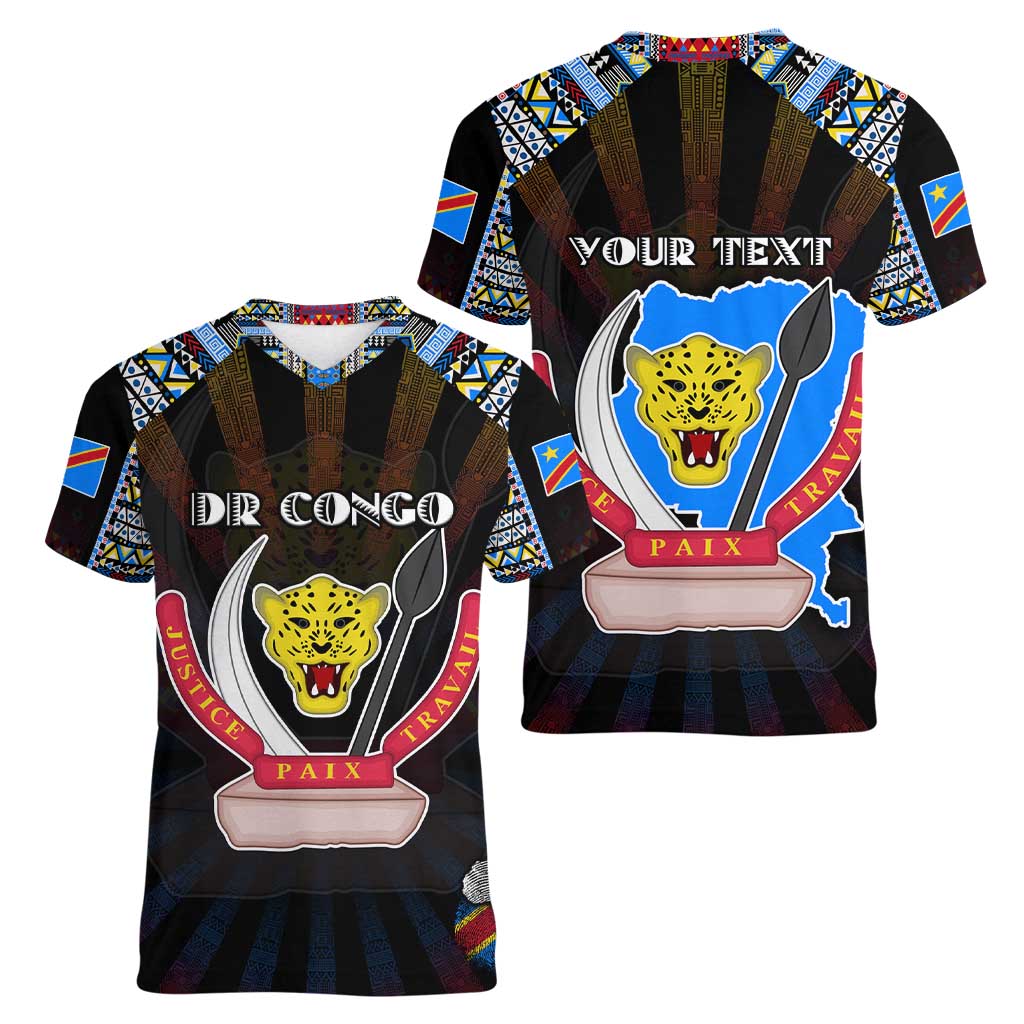 Personalized DR Congo Roots Women V-Neck T-Shirt African Map in Fingerprint and Tribal Colors