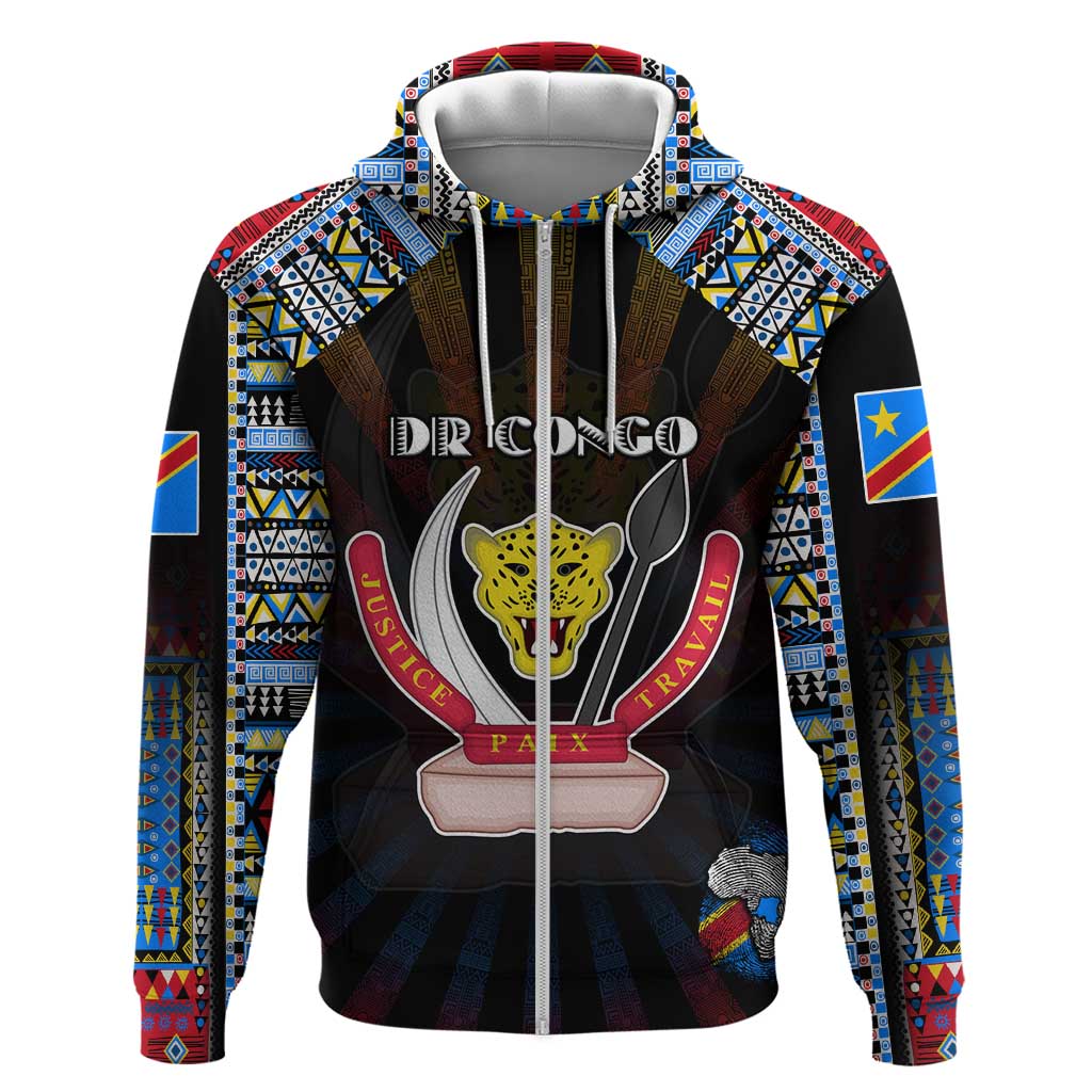 Personalized DR Congo Roots Zip Hoodie African Map in Fingerprint and Tribal Colors