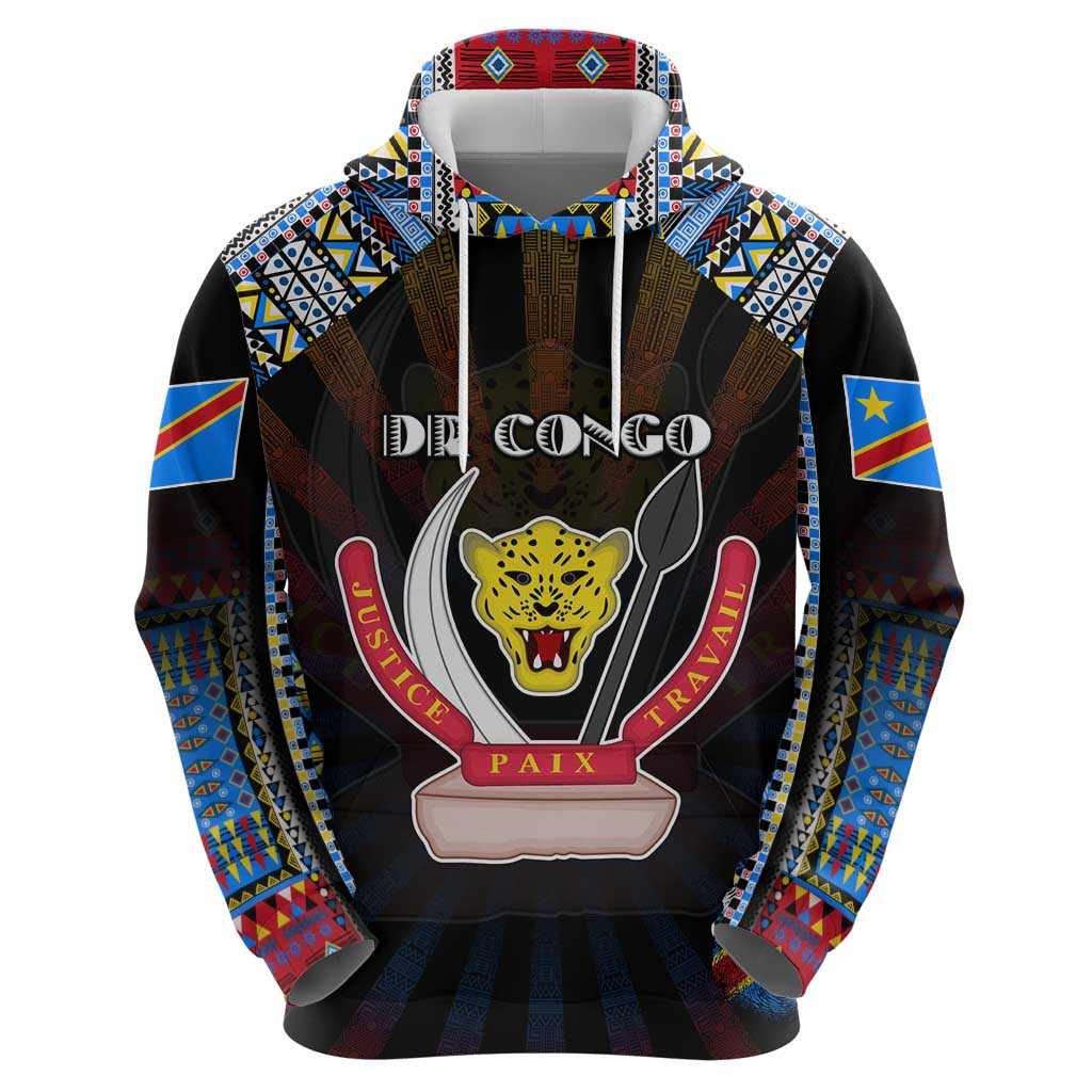 Personalized DR Congo Roots Zip Hoodie African Map in Fingerprint and Tribal Colors