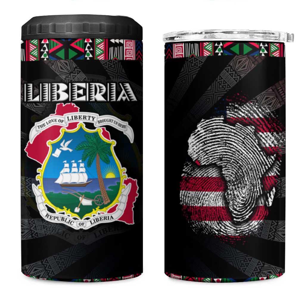Liberia Roots 4 in 1 Can Cooler Tumbler African Map in Fingerprint and Tribal Colors