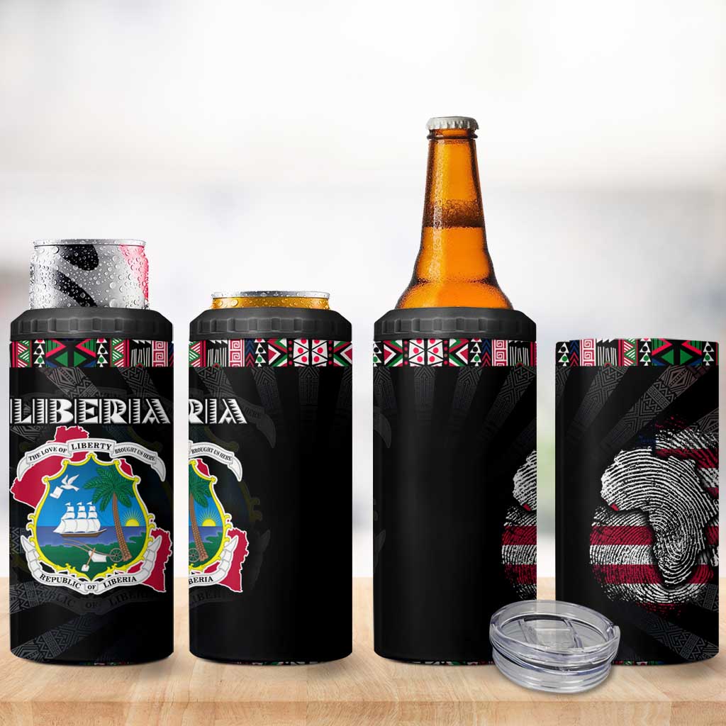 Liberia Roots 4 in 1 Can Cooler Tumbler African Map in Fingerprint and Tribal Colors