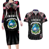 Personalized Liberia Roots Couples Matching Long Sleeve Bodycon Dress and Hawaiian Shirt African Map in Fingerprint and Tribal Colors