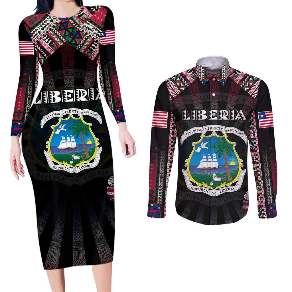 Personalized Liberia Roots Couples Matching Long Sleeve Bodycon Dress and Long Sleeve Button Shirt African Map in Fingerprint and Tribal Colors