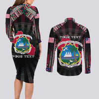 Personalized Liberia Roots Couples Matching Long Sleeve Bodycon Dress and Long Sleeve Button Shirt African Map in Fingerprint and Tribal Colors