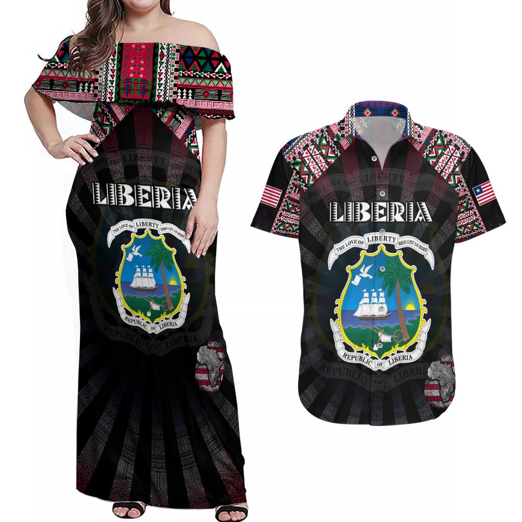 Personalized Liberia Roots Couples Matching Off Shoulder Maxi Dress and Hawaiian Shirt African Map in Fingerprint and Tribal Colors