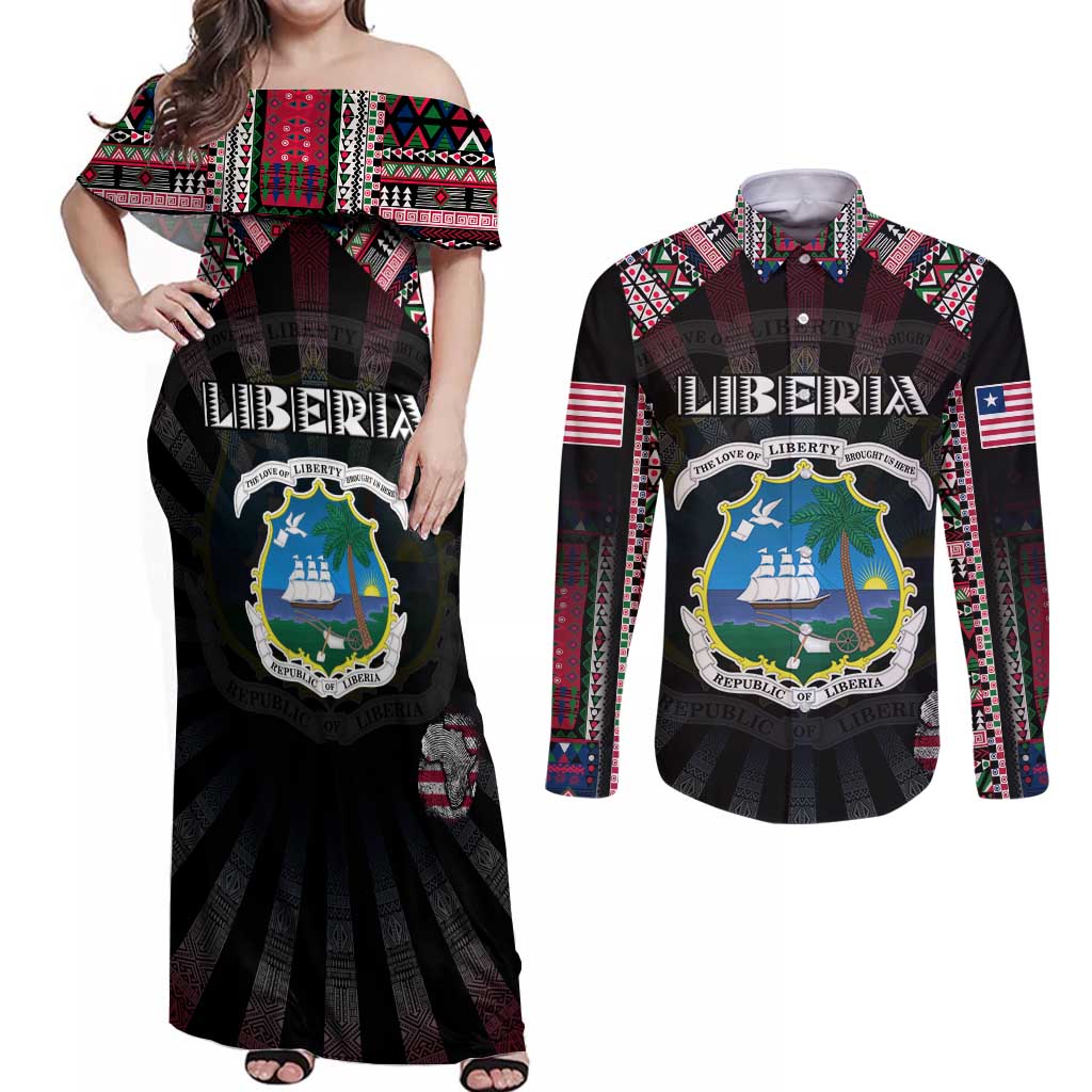 Personalized Liberia Roots Couples Matching Off Shoulder Maxi Dress and Long Sleeve Button Shirt African Map in Fingerprint and Tribal Colors