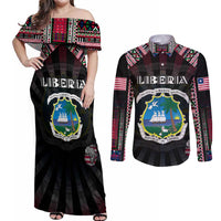 Personalized Liberia Roots Couples Matching Off Shoulder Maxi Dress and Long Sleeve Button Shirt African Map in Fingerprint and Tribal Colors