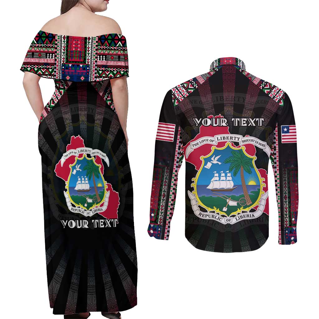 Personalized Liberia Roots Couples Matching Off Shoulder Maxi Dress and Long Sleeve Button Shirt African Map in Fingerprint and Tribal Colors