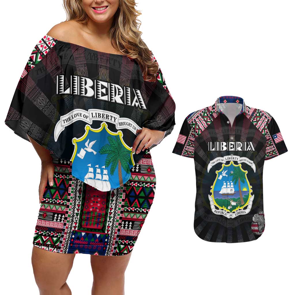 Personalized Liberia Roots Couples Matching Off Shoulder Short Dress and Hawaiian Shirt African Map in Fingerprint and Tribal Colors