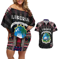 Personalized Liberia Roots Couples Matching Off Shoulder Short Dress and Hawaiian Shirt African Map in Fingerprint and Tribal Colors